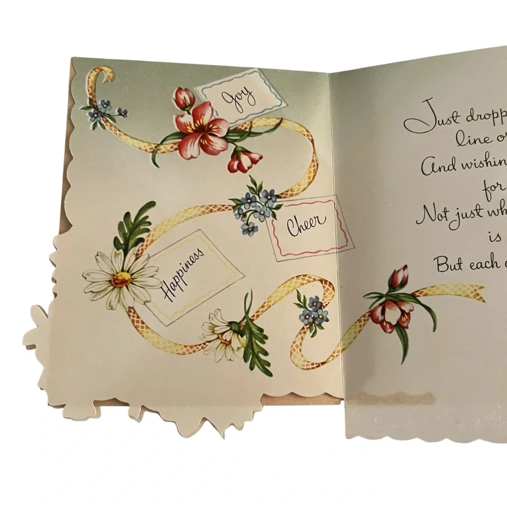 Unused Flawed Vintage Easter Joy Greeting Card Flower Cornucopia Gold Scalloped